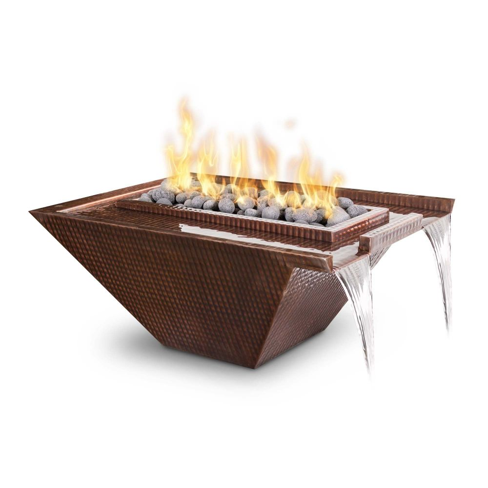 The Outdoors Plus OPT-30NLCPFE12V-LP 30" Nile Hammered Copper Fire & Water Bowl - 12V Electronic Ignition - Liquid Propane